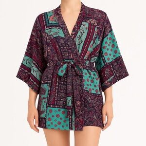 Josie by Natori Patchwork Kimono Robe XL Boho Floral Tie Waist